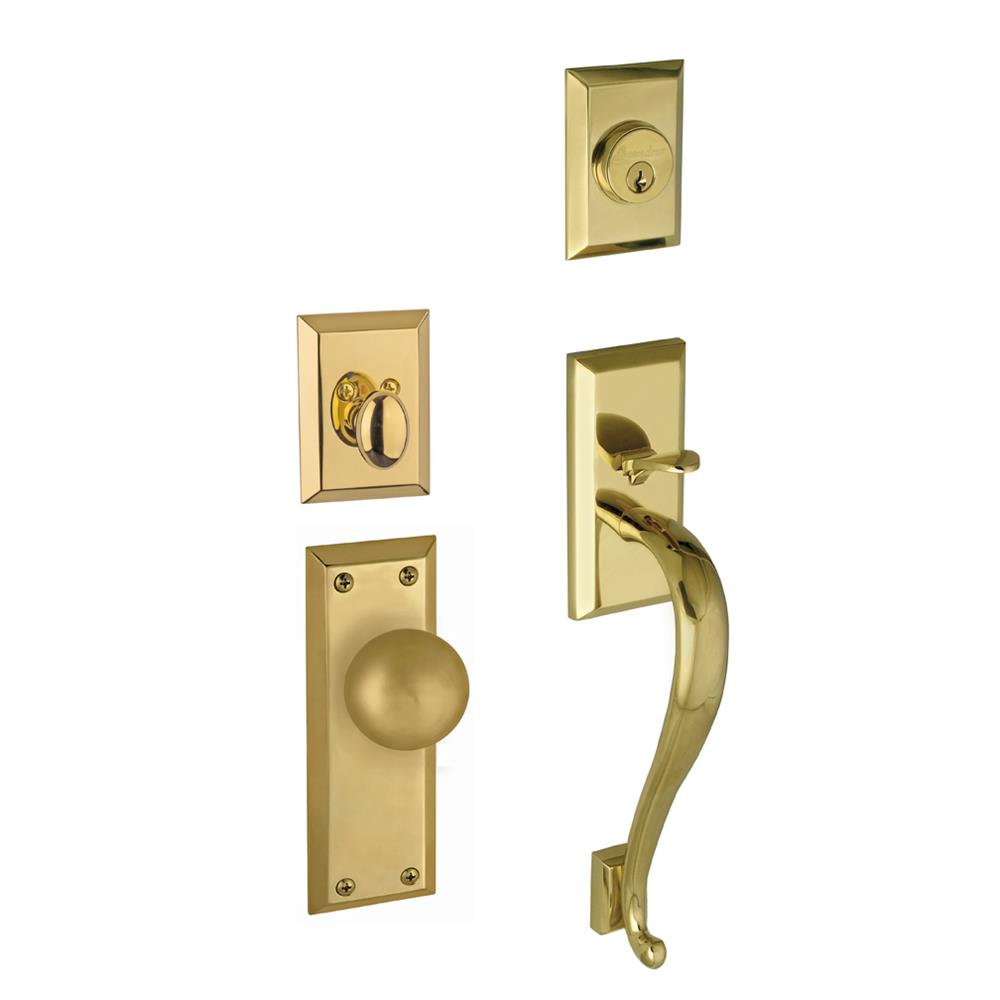 Grandeur by Nostalgic Warehouse FAVSGRFAV Single Cylinder Fifth Avenue S-Grip Handleset with Fifth Avenue Knob in Lifetime Brass